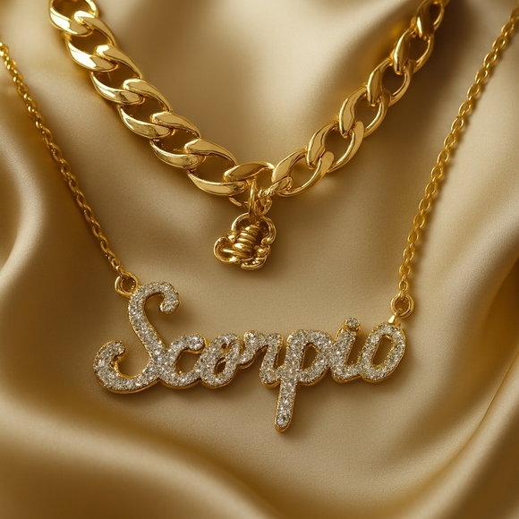 Jewelry - Scorpio Zodiac Necklace – Gold Script Pendant w/ Sparkling Stones Astrology Gift